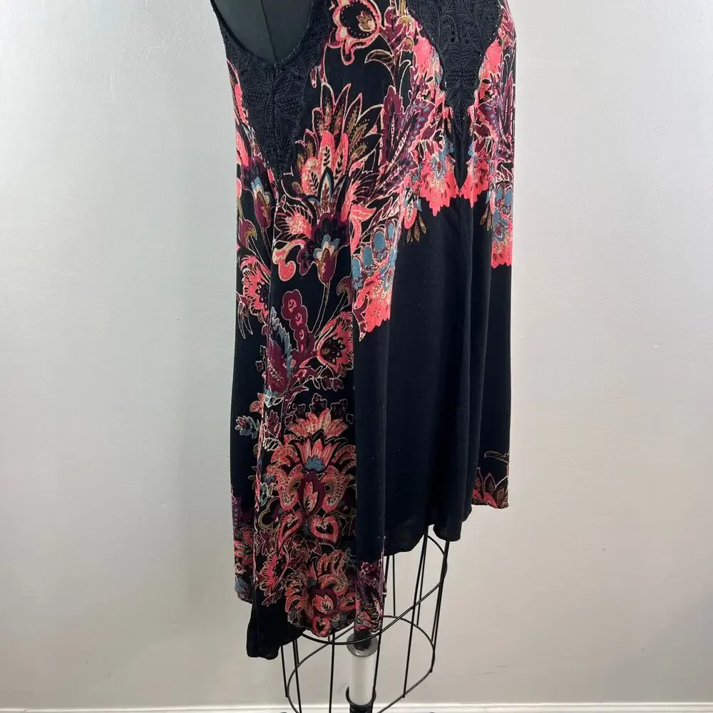 FREE PEOPLE Marsha Black Pink Slip Dress Floral Lace Mock Neck Pullover Medium M